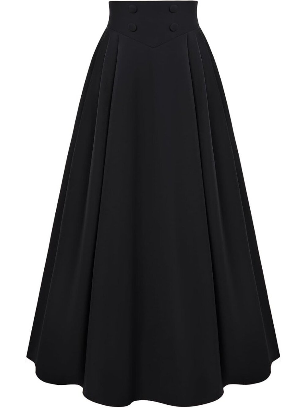 Women's Black Side Pleats Back Elastic Waistband Side Zipper Maxi A Line Skirt